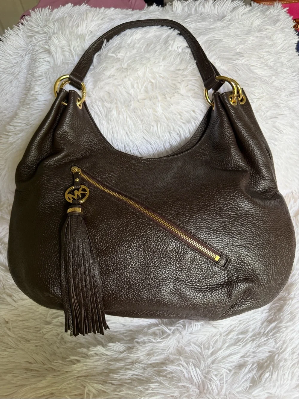 Michael Kors Charm Tassel Large Leather Shoulder Tote Hobo Coffee Brown